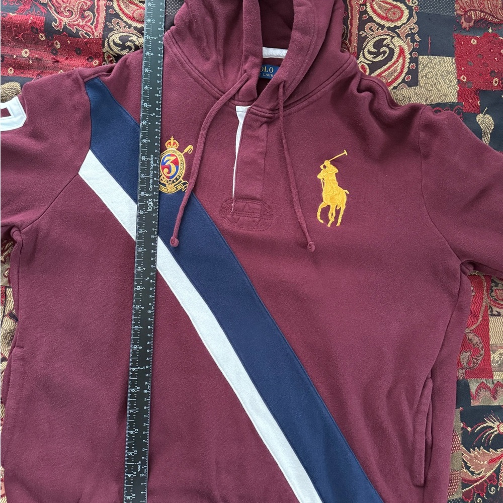 Polo Ralph Lauren Big Pony #3 Striped Burgundy Quarter Button Pullover Hoodie - Picture 3 of 7
